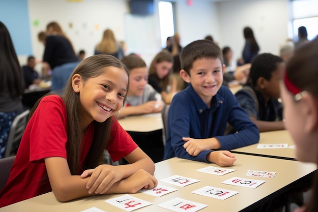 Alunos numa sala de aula com as letras e e l à esquerda.