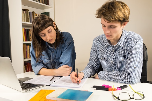 Alunos ou colegas de trabalho masculinos e femininos, sentado à mesa