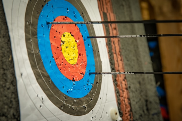 Foto alvo e dardos na competição de tiro com arco no pavilhão desportivo