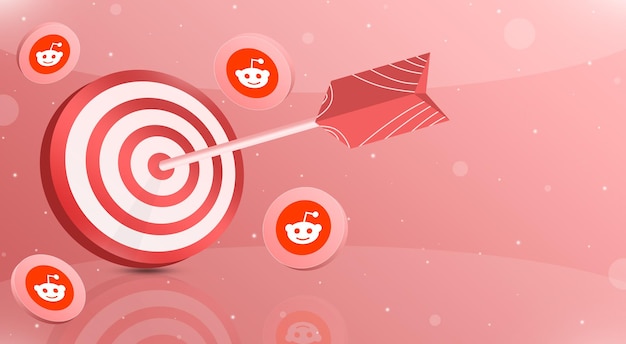 Alvo vermelho com uma seta entre os dez primeiros com ícones do logotipo reddit em torno de 3d