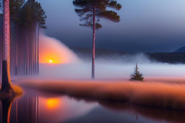 Foto alvorecer na névoa sobre as bétulas no pântano ai gerado ilustração