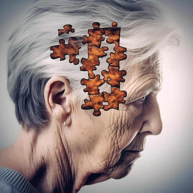 Alzheimer-Krankheit Gedächtnisprobleme bei älteren Menschen der Kopf einer älteren Frau und Pixel