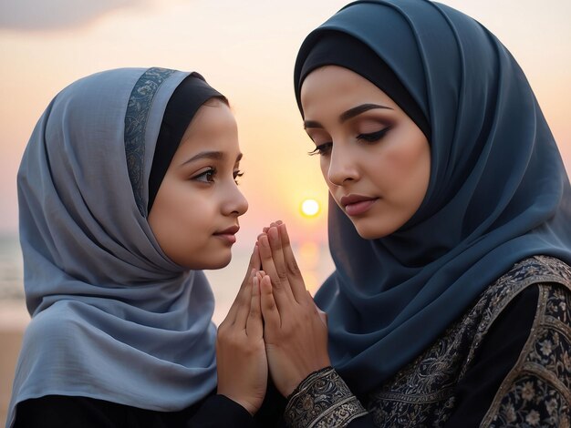 Am Abend beten Mutter und Tochter mit Hijab