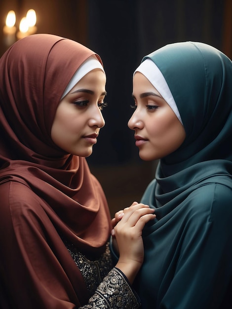 Am Abend beten Mutter und Tochter mit Hijab