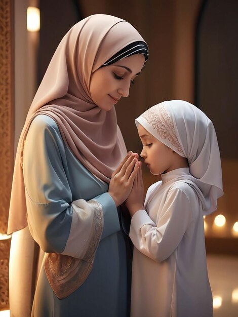 Am Abend beten Mutter und Tochter mit Hijab