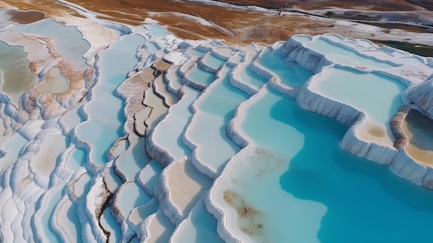 Am besten in der Luft sehen, Pamukkale, Türkei, Travertin-Pools, Naturterrassen mit blauem Wasser, KI-generiert