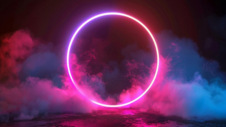 Foto am dunklen nachthimmel erleuchten leuchtende neonlichtringe abstrakte wolken glühende geometrische formen