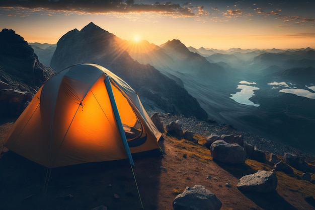 Am frühen Morgen wurde auf einem Berggipfel ein Zelt aufgeschlagen