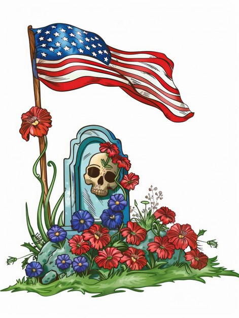 Am Gedenktag ist die amerikanische Flagge oben und rote, weiße und blaue Blumen vor dem Grabstein.