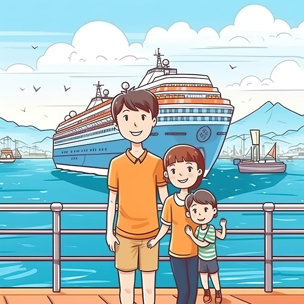 Foto am kreuzfahrtterminal ist eine glückliche familie, die sich auf den reiseurlaub vorbereitet