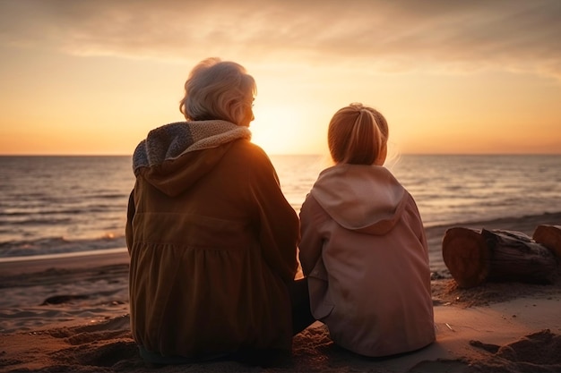 Am Muttertag sitzen Mutter und Tochter bei Sonnenuntergang am Strand. Fiktive Person, die mit generativer KI erstellt wurde