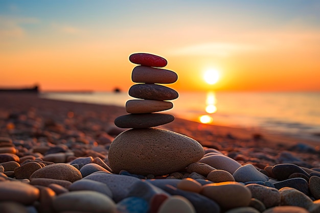 Am Strand gestapelte Kieselsteine mit Sonnenuntergang im Hintergrund AI Generative