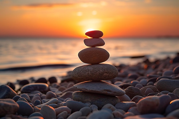 Foto am strand gestapelte kieselsteine mit sonnenuntergang im hintergrund ai generative