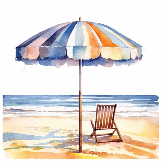 Am Strand gibt es ein Gemälde mit einem Strandkorb und einem Sonnenschirm