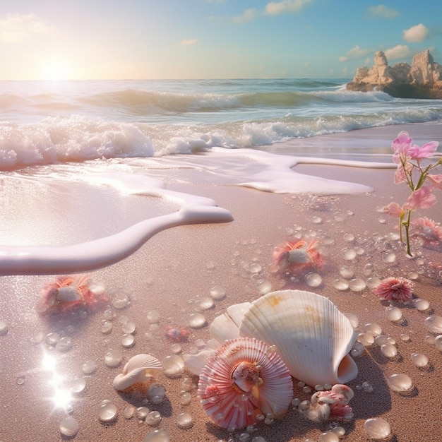 Am Strand liegt eine Muschel und das Meer ist mit rosa Blumen bedeckt.