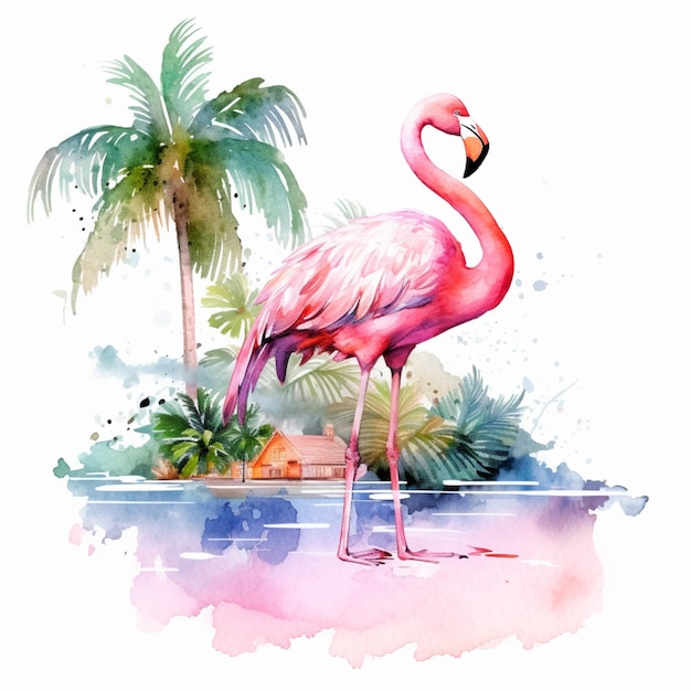 Am Strand steht ein rosafarbener Flamingo neben einer generativen Palme