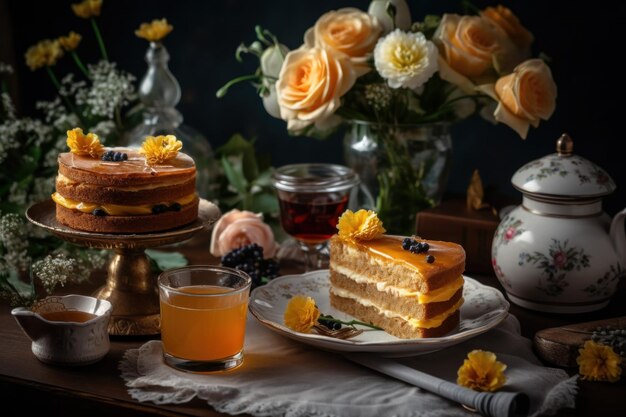 Am Teetisch wird Kuchen serviert. Getränkemahlzeit. Erzeuge Ai