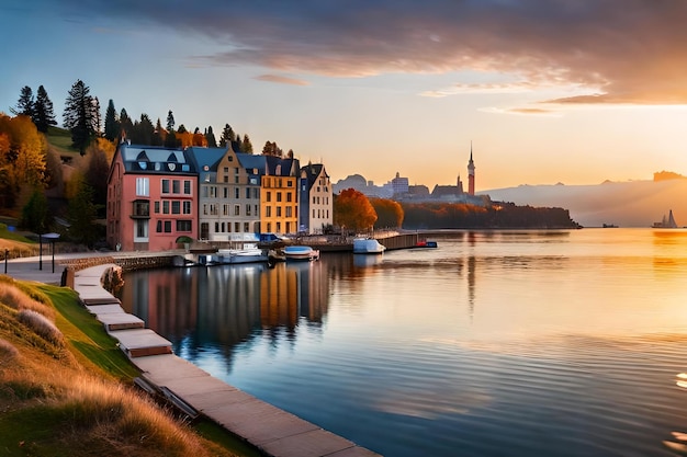 Foto am ufer des flusses liegt eine stadt.