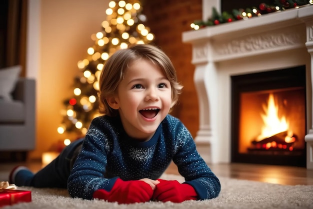 Am Weihnachtstag fühlen sich die Kinder aufgeregt, wenn sie Weihnachtenpullover in ihrem Wohnzimmer tragen