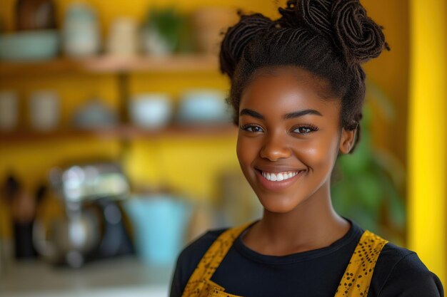 Una ama de casa afroamericana con un delantal amarillo sonríe alegremente a la cámara mientras hace las tareas domésticas