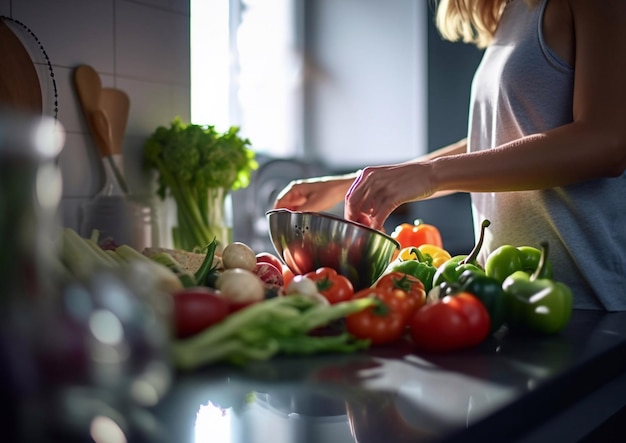 Ama de casa arreglando y preparando comida para cocinar en la cocinaAI Generative