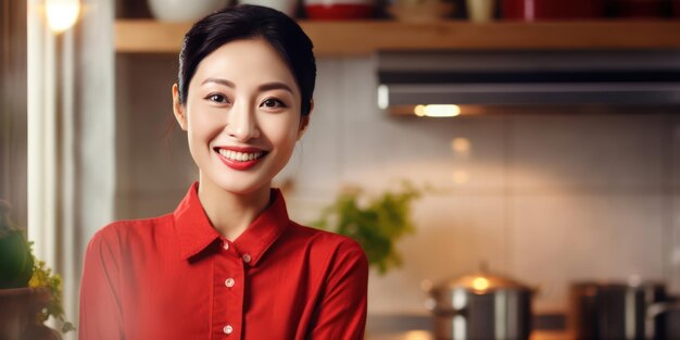 Ama de casa asiática sonriente felicidad diaria