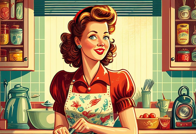 Ama de casa atractiva en la cocina Ilustración de vida retro de los años 50 La IA es generativa