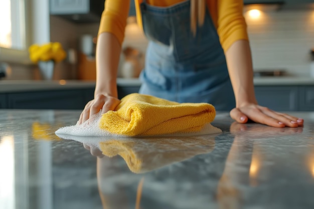 Una ama de casa está limpiando diligentemente el mostrador de la cocina usando una toalla amarilla