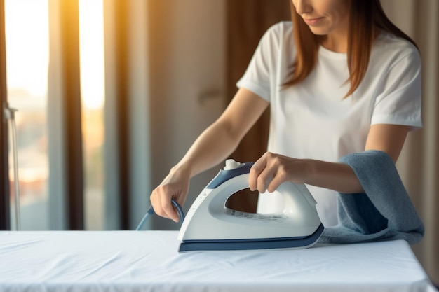 La ama de casa está planchando la ropa con determinación