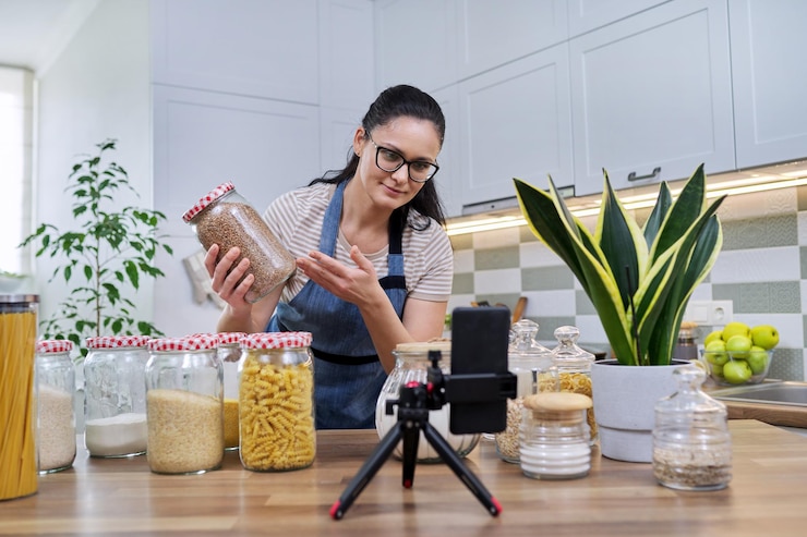Foto ama de casa grabando video revisando productos en un teléfono inteligente en casa en la cocina