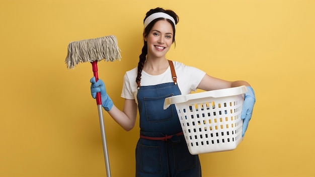 La ama de casa ocupada haciendo las tareas domésticas limpia la casa antes de las vacaciones sostiene la escoba y lleva la canasta de la ropa