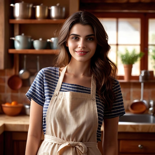 Ama de casa sonriente con delantal en la cocina