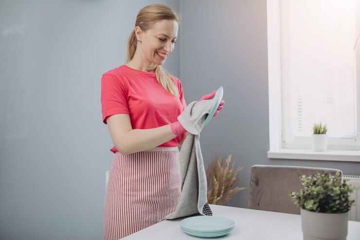 Ama de casa sonriente limpiando platos con papel de cocina
