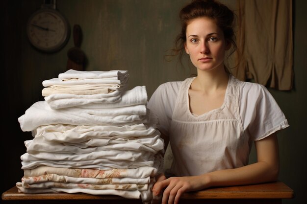 Foto ama de casa sosteniendo una pila de ropa de cama lavada lavando ropa y lino blanqueando cosas blancas