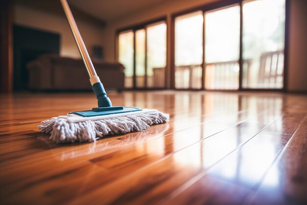 Una ama de casa usando diligentemente un trapeador para limpiar los pisos de su casa asegurando un espacio de vida ordenado