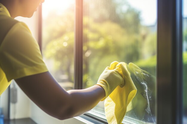 La ama de llaves limpiando la ventana con un paño