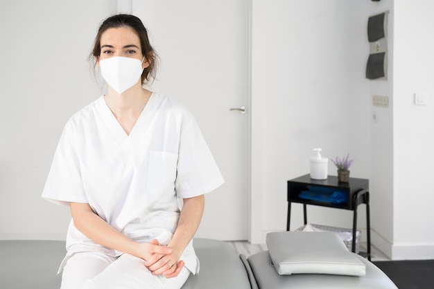 Amable fisioterapeuta posando en una clínica moderna con mascarilla protectora durante la pandemia de coronavirus