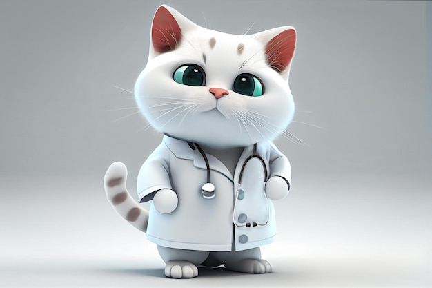 Un amable médico pediátrico con un estetoscopio 3 d es un lindo gato esponjoso con una bata médica blanca Medicina