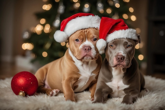 Amables cachorros de Pitbull con sombreros de Papá Noel en una sala de estar festiva