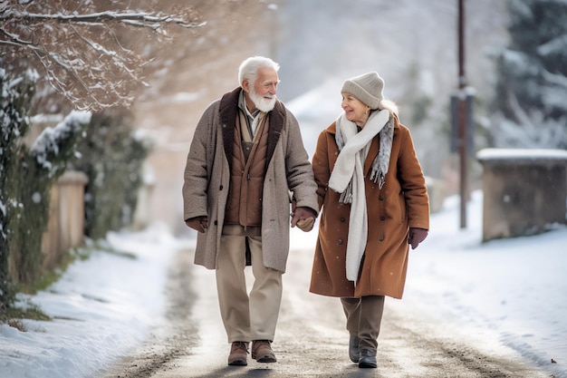 Amando o casal sênior desfrutar de uma caminhada juntos em um dia de inverno