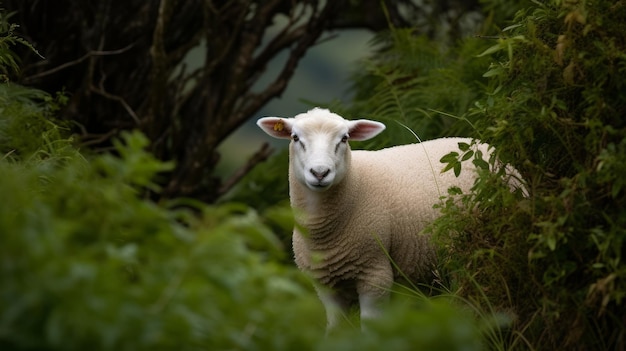 Amando uma pequena ovelha branca em meio a arbustos uma IA verde massacrada gerada