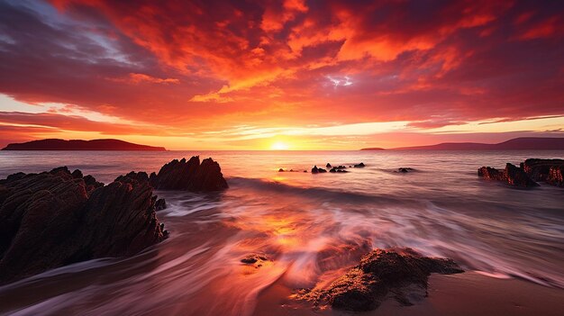 Foto el amanecer ardiente sobre una playa