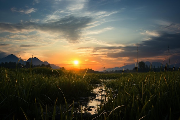 El amanecer en el arroz El amanecer pinta un cuadro sereno sobre el campo de arroz