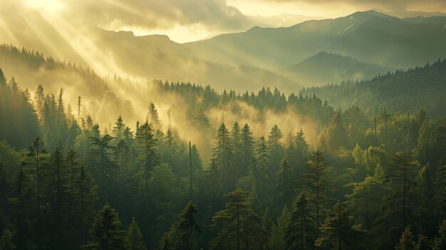 El amanecer del bosque brumoso con rayos de sol