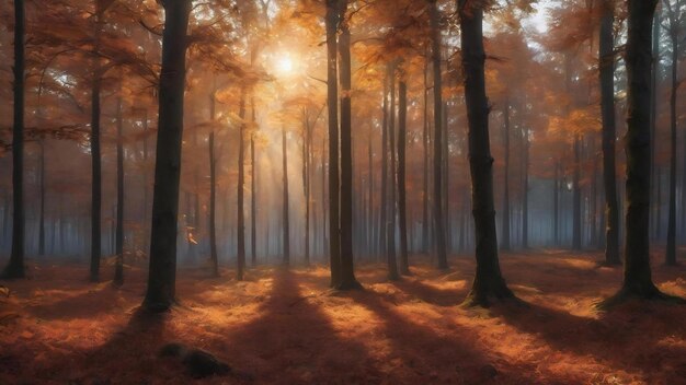 El amanecer en el bosque de otoño