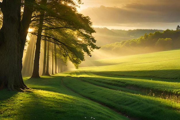 Amanecer en el bosque con rayos de sol