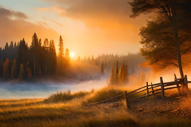 amanecer en un bosque con una valla y una valla