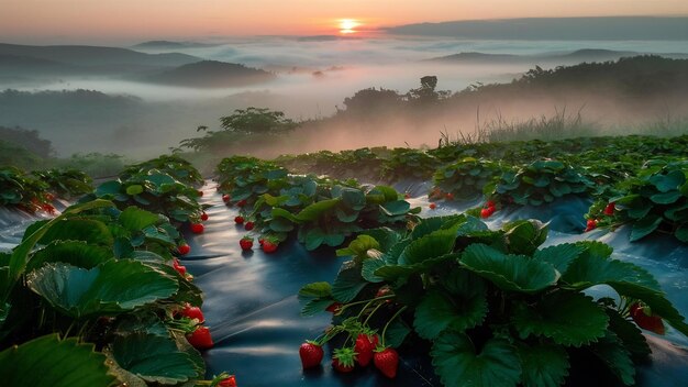 Foto amanecer brumoso en el jardín de fresas en la montaña doi angkhang chiangmai tailandesa