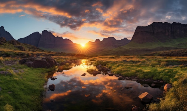 El amanecer brumoso en las montañas El colorido paisaje de verano