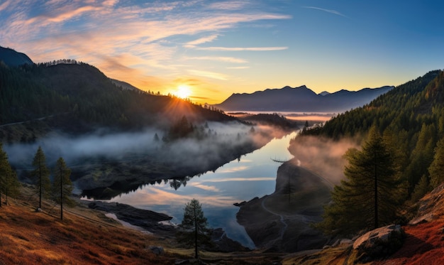 El amanecer brumoso en las montañas El colorido paisaje de verano